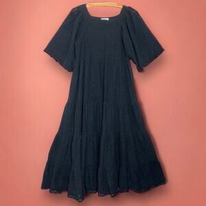 Senes Size Medium Black Boho Lace Tiered Dress Flowy Cottage Crochet Trim